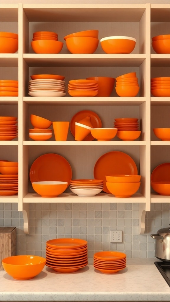 Shelves filled with various orange dishware including plates, bowls, and cups.