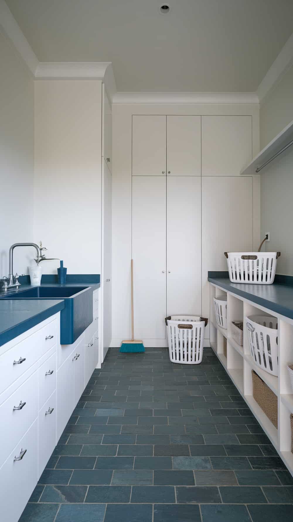 A modern minimalist laundry room featuring slate blue elements, white cabinetry, and organized storage.