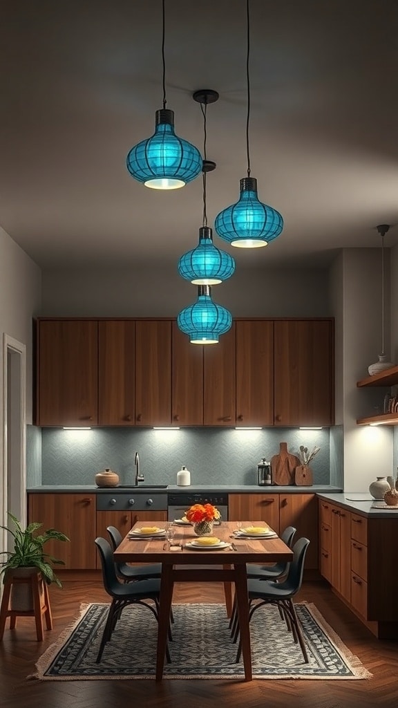 Cozy kitchen with peacock blue pendant lights above a dining table