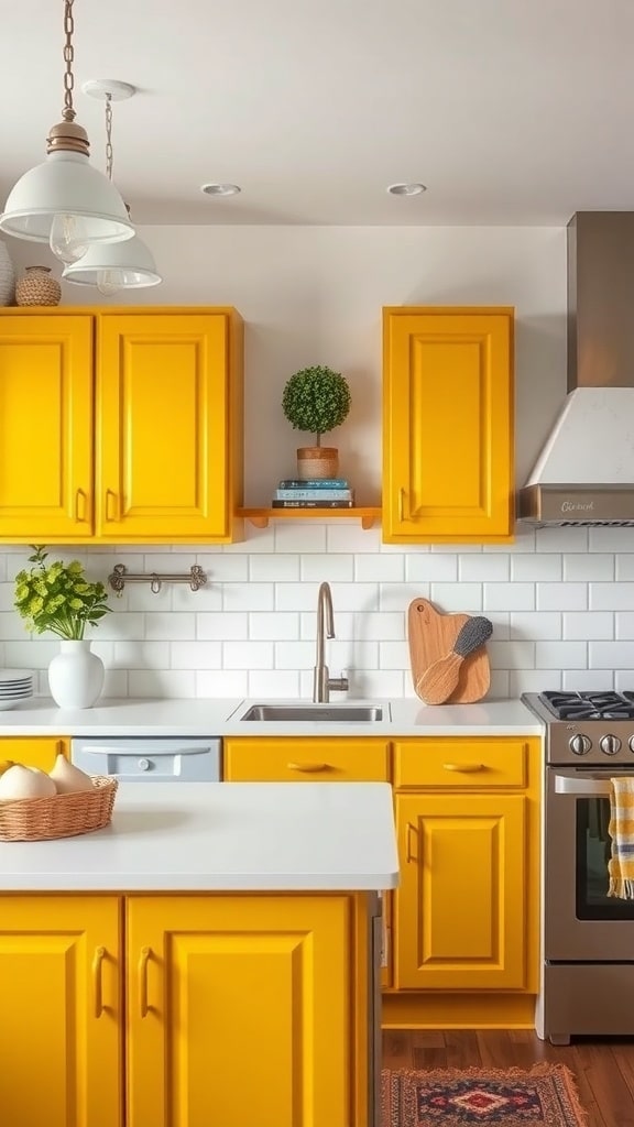 A kitchen featuring bright mustard yellow cabinets, white subway tiles, and natural wood elements.