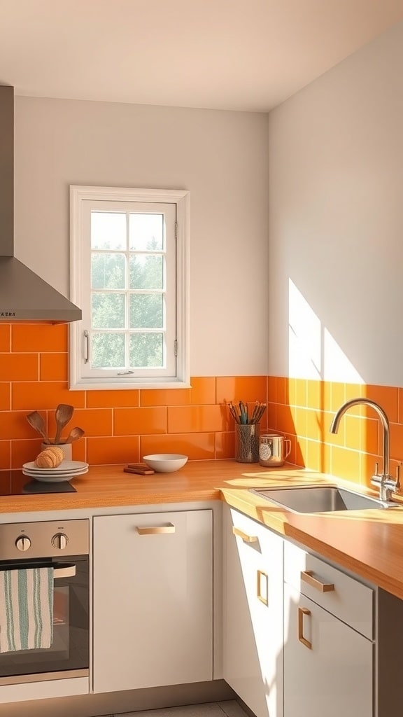 A bright kitchen featuring orange backsplash tiles, white cabinets, and wooden countertops.