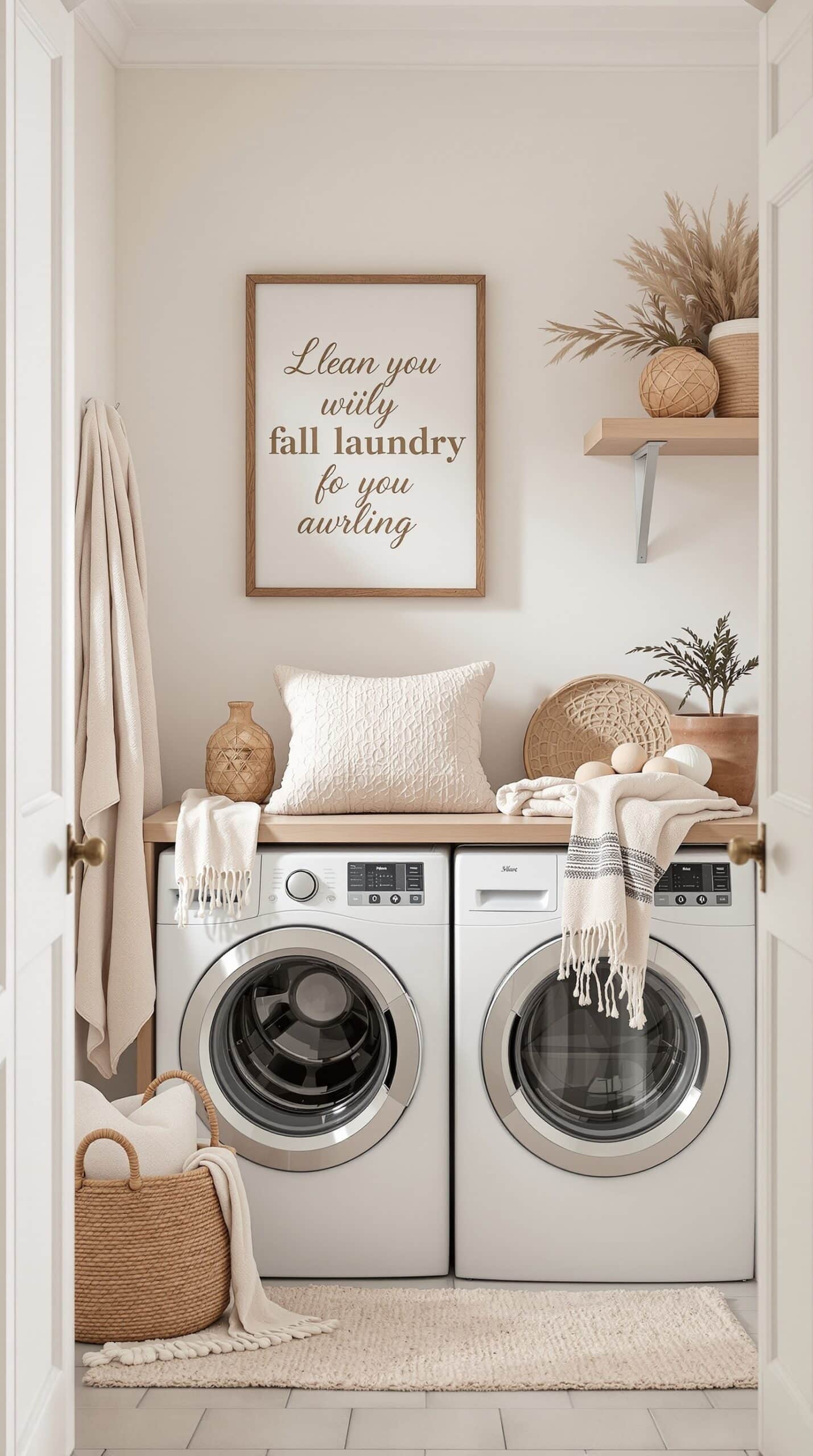 Cozy beige laundry room with textured accents including a woven basket, plush pillow, and soft fabrics.