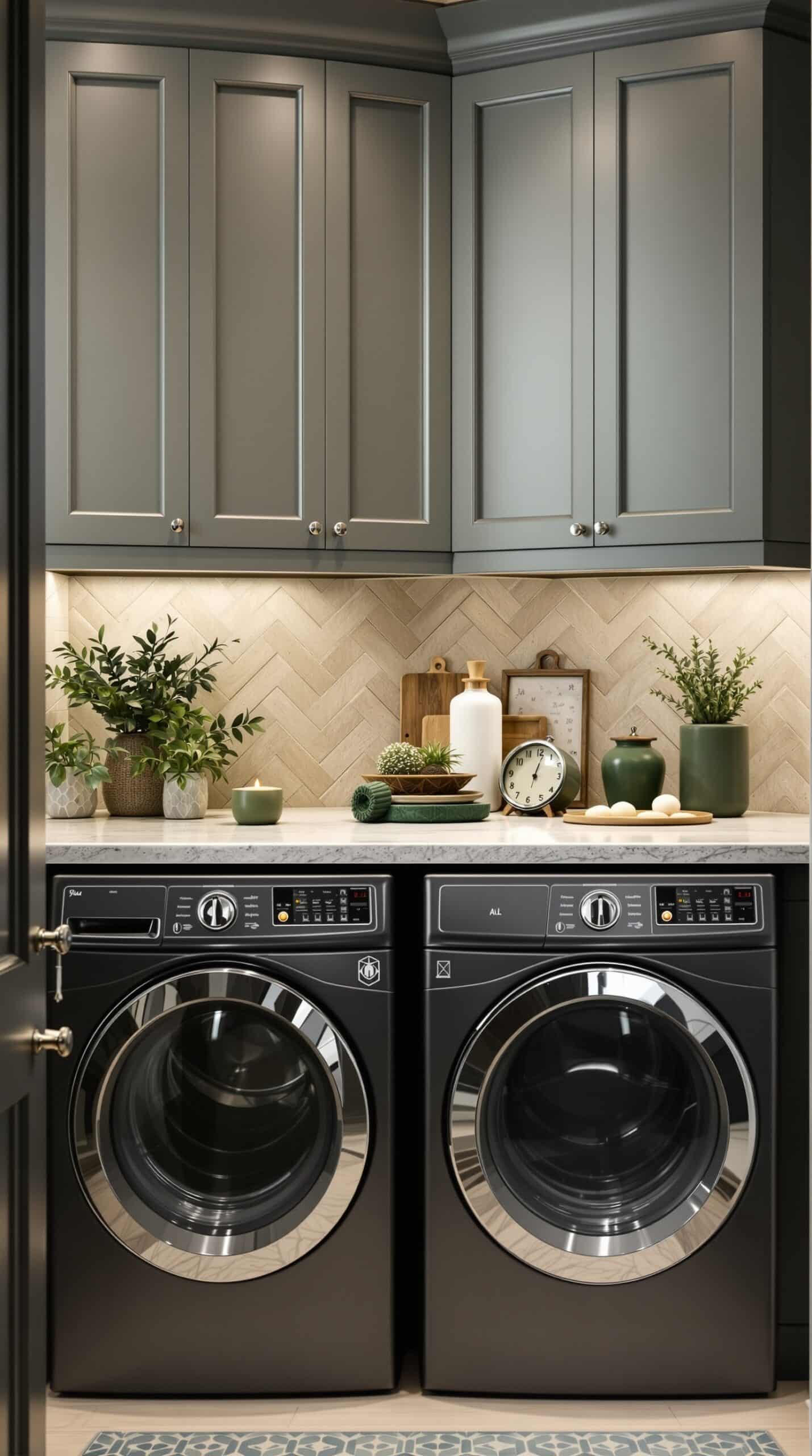 Laundry room with natural stone countertops and green accents, featuring dark appliances and decorative plants.