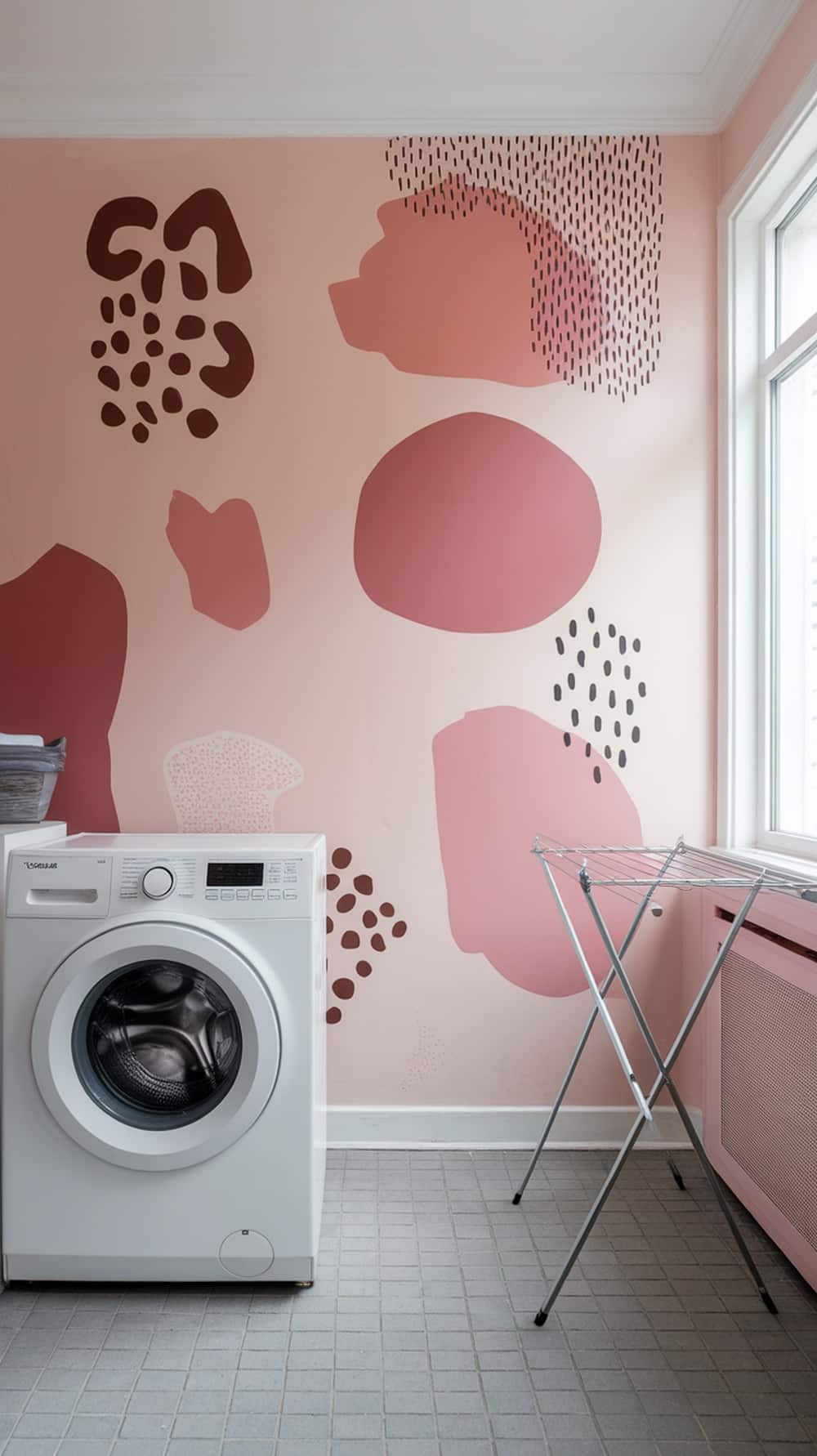 A laundry room with artistic pink wall art featuring abstract shapes and patterns.