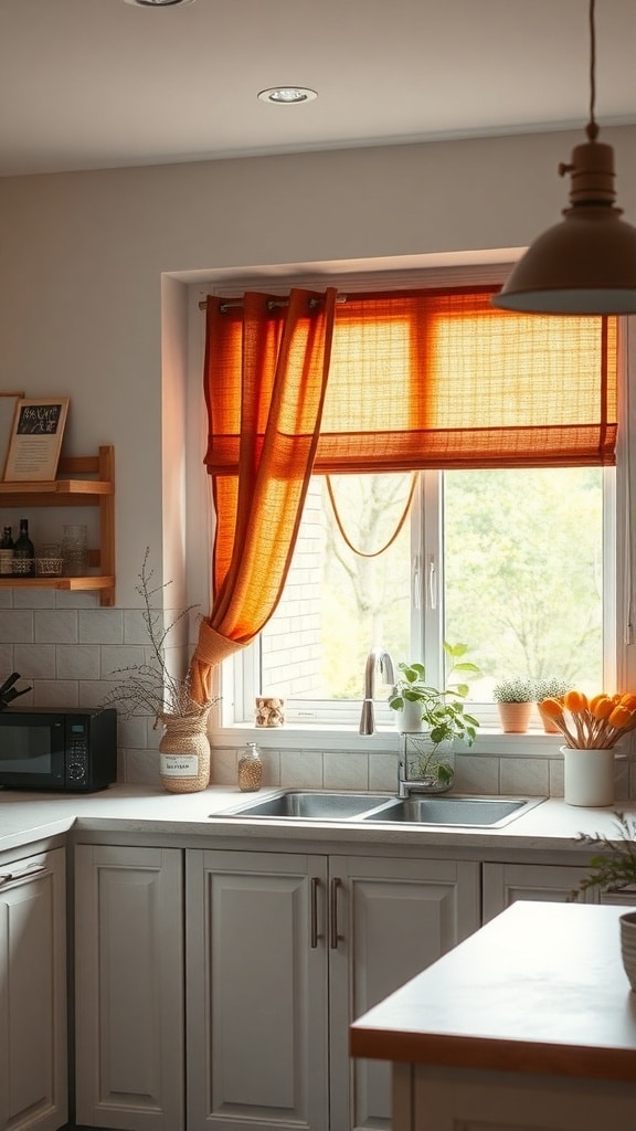 A cozy kitchen with rust orange window treatments, featuring a sink and potted plants.