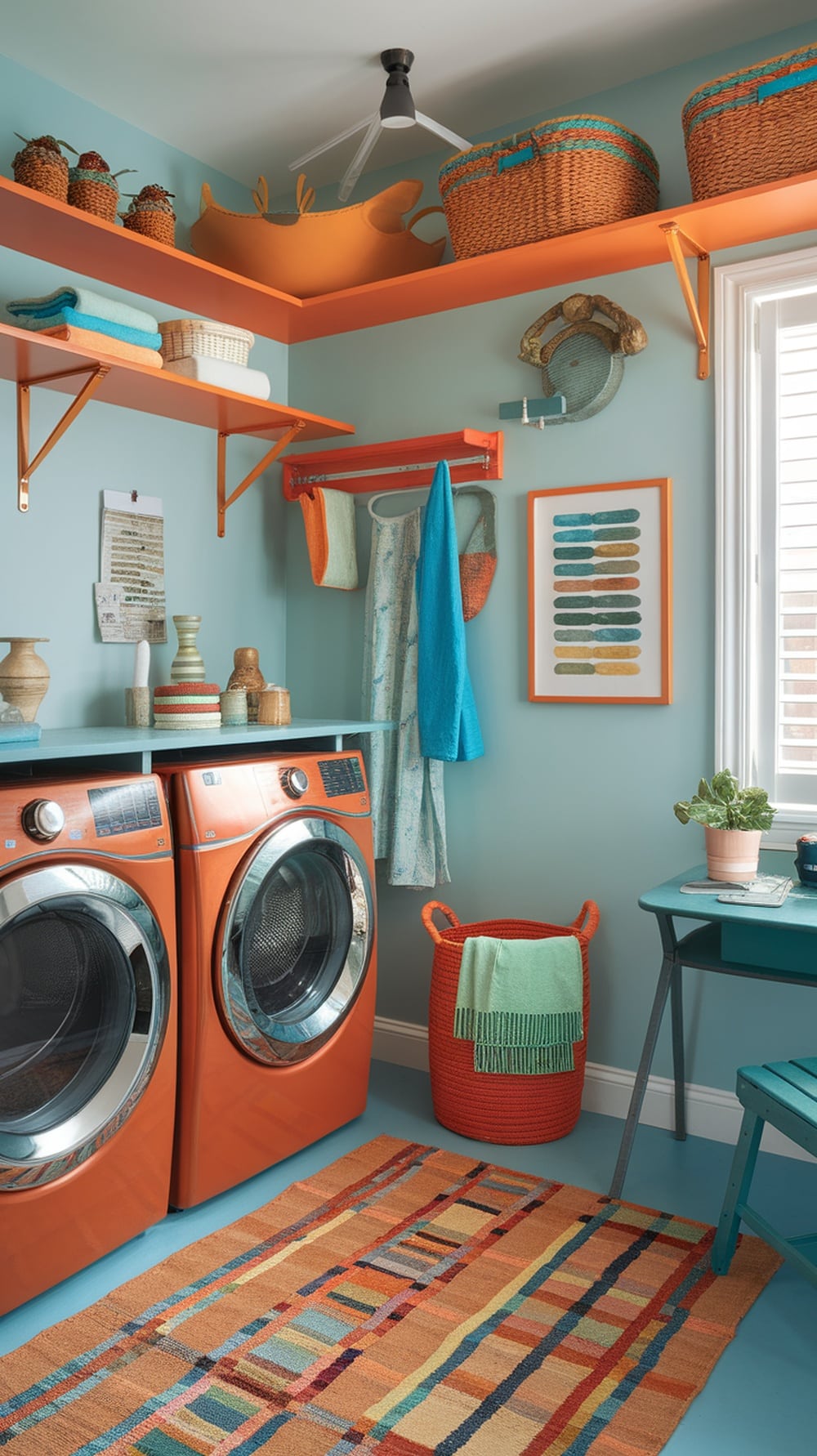A colorful laundry room featuring orange washing machines, blue walls, and vibrant accessories.