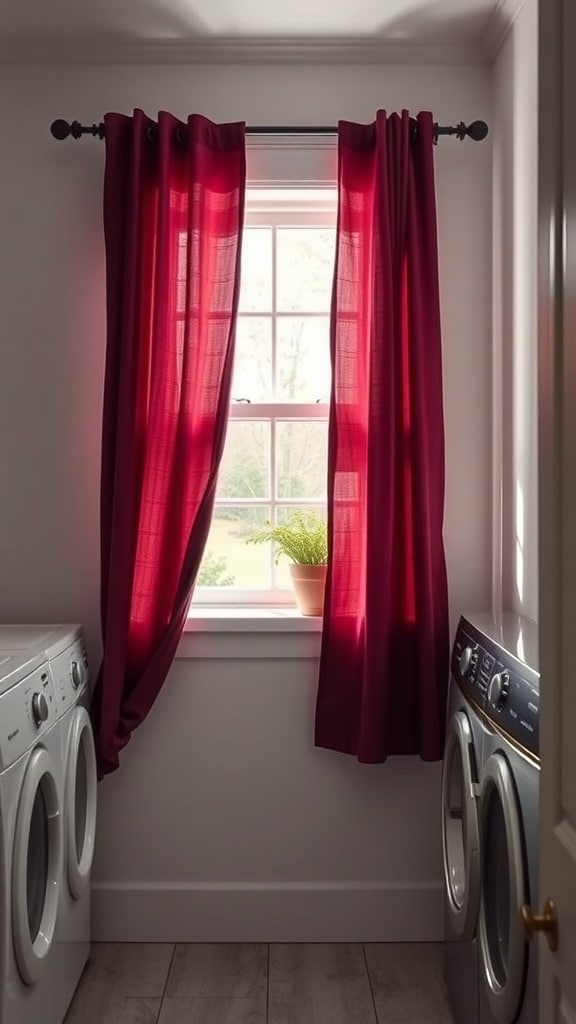 A laundry room featuring burgundy curtains framing a window, with white washing machines on either side.