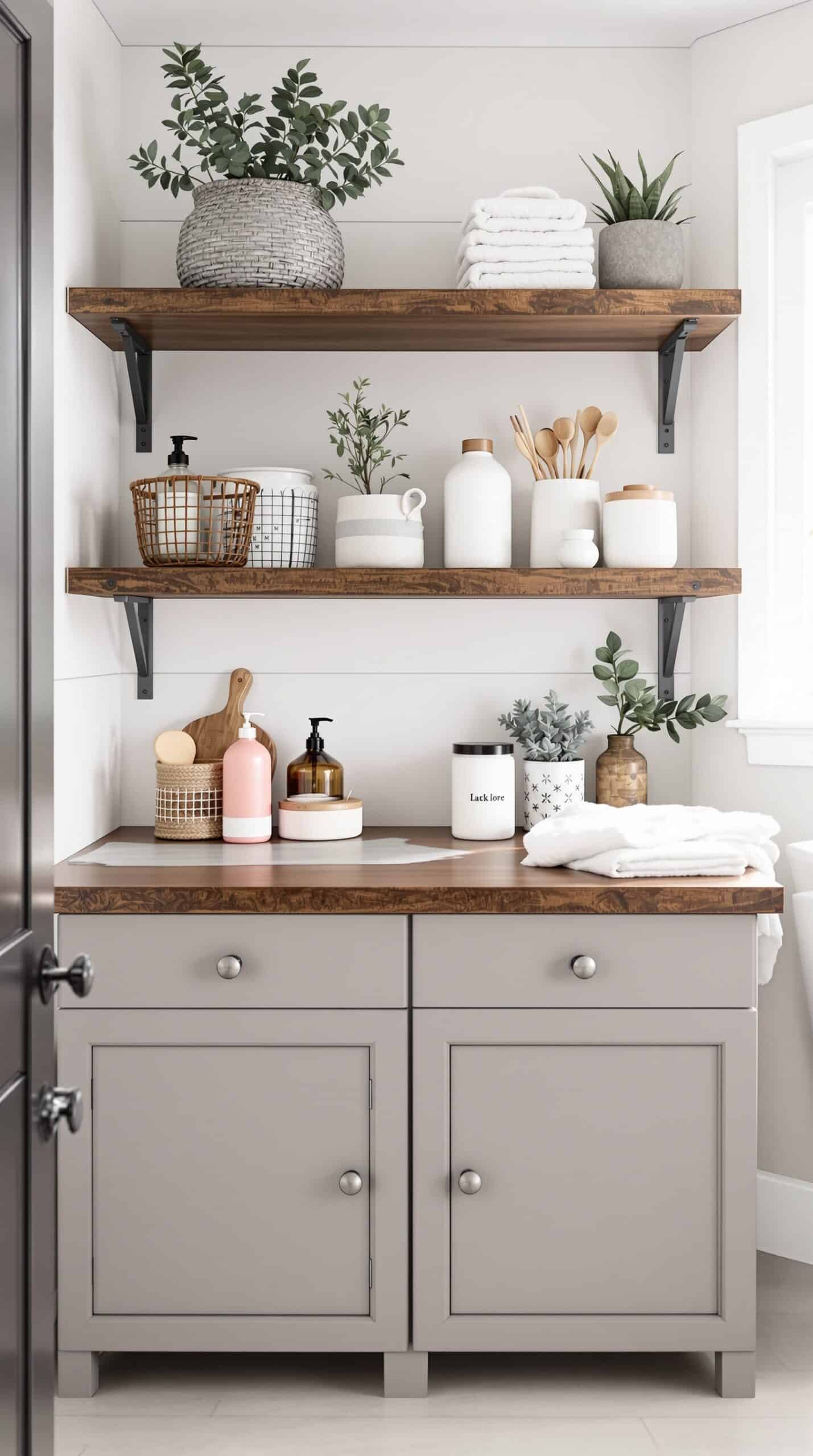 Rustic chocolate wood shelving with decorative items and neatly folded towels in a laundry room