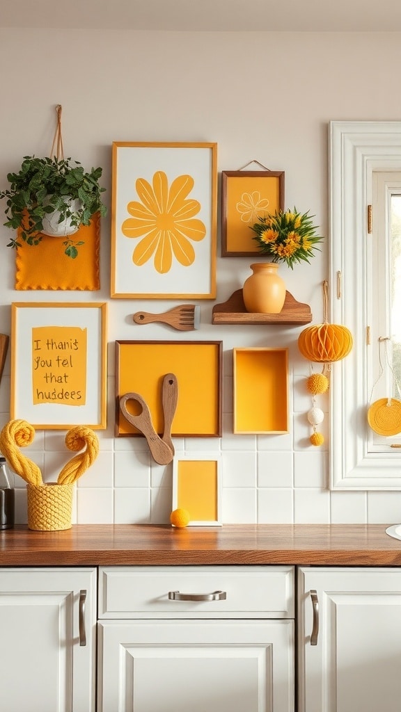 A creative display of mustard yellow wall art in a kitchen, featuring various frames and decorative items.