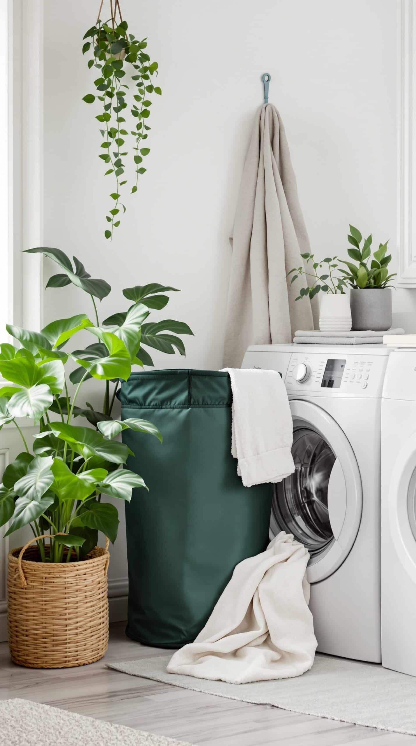A forest green laundry hamper next to a washing machine, surrounded by plants and a white towel.