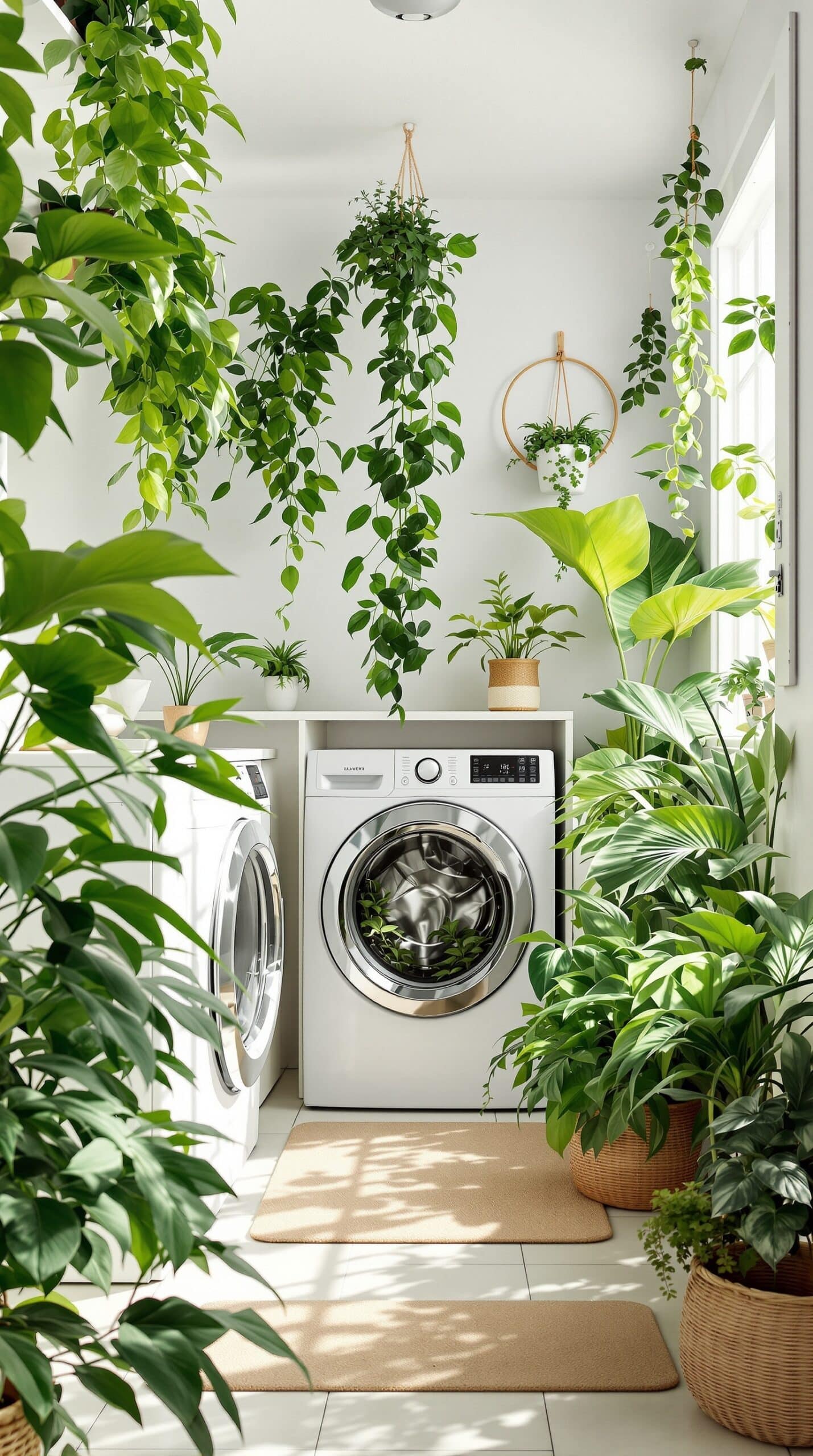 A bright laundry room filled with various indoor plants, showcasing a washing machine and lush greenery.