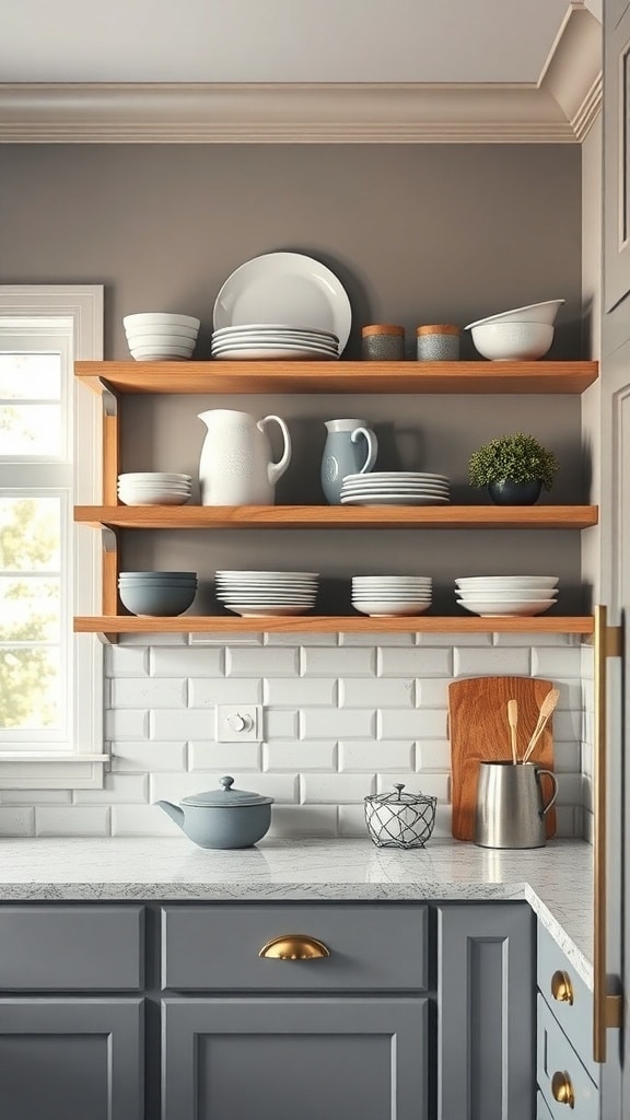 A modern gray kitchen featuring open shelving with neatly arranged dishes and a small plant.