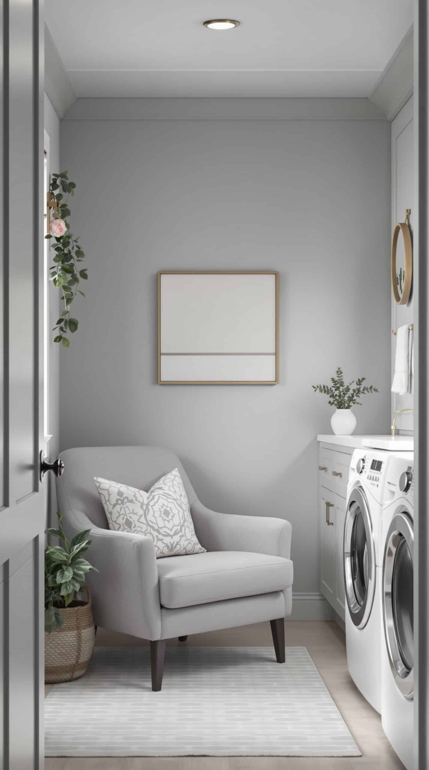Cozy gray laundry nook with a chair, plants, and modern appliances