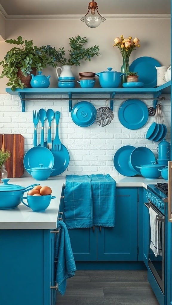 A kitchen featuring peacock blue accessories, including pots, plates, and utensils, against a white brick wall.