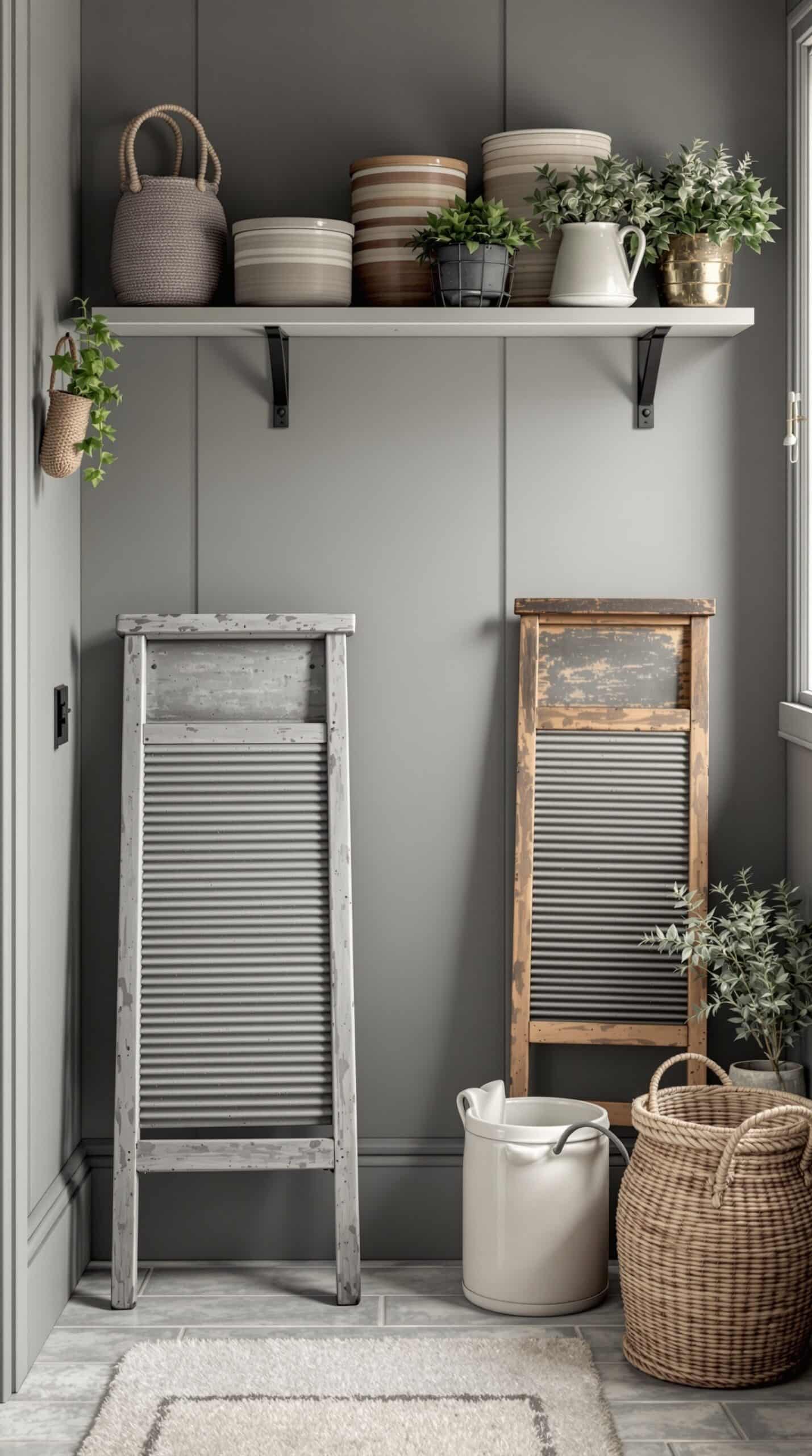 A vintage-inspired laundry room corner featuring gray walls, rustic washboards, and decorative pots with plants.