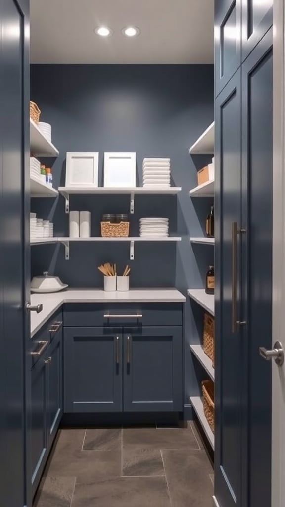 A minimalist slate blue pantry with open shelving and clean lines.