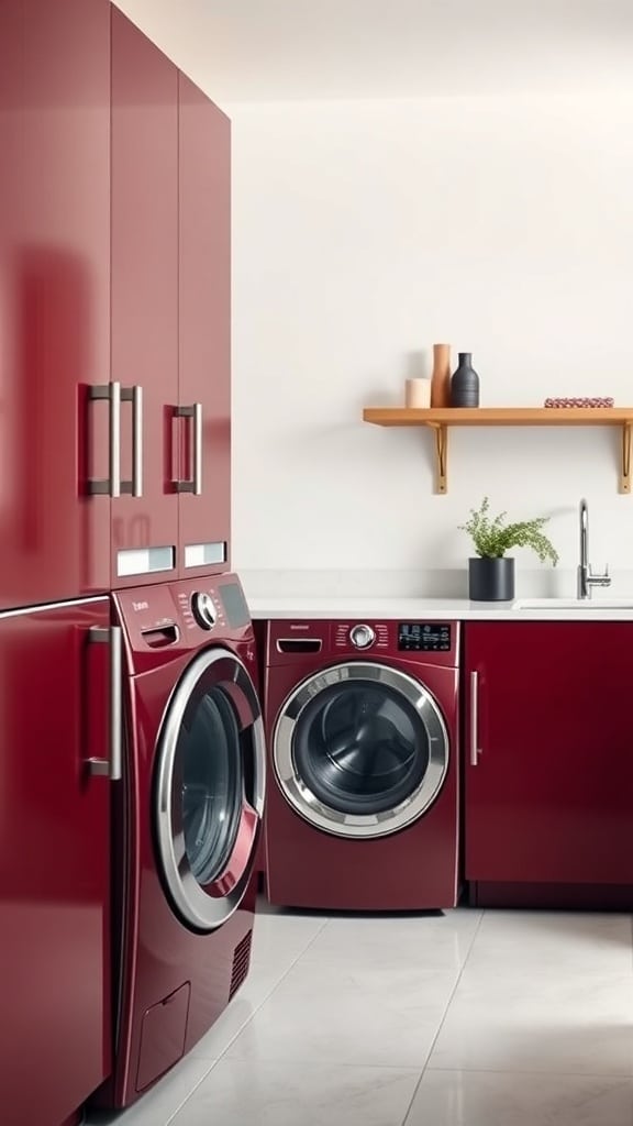 A modern laundry room featuring burgundy appliances and cabinetry.