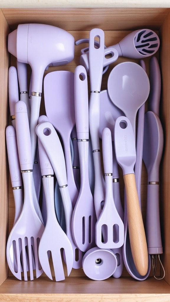 A drawer filled with lavender kitchen utensils and gadgets.