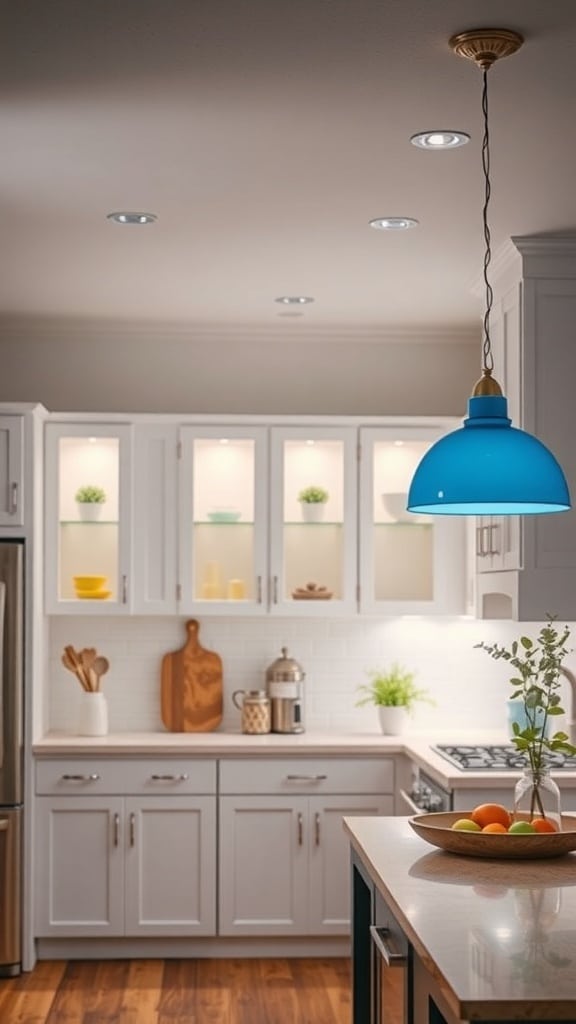 A kitchen featuring a periwinkle pendant light above a countertop with white cabinets and wooden flooring.