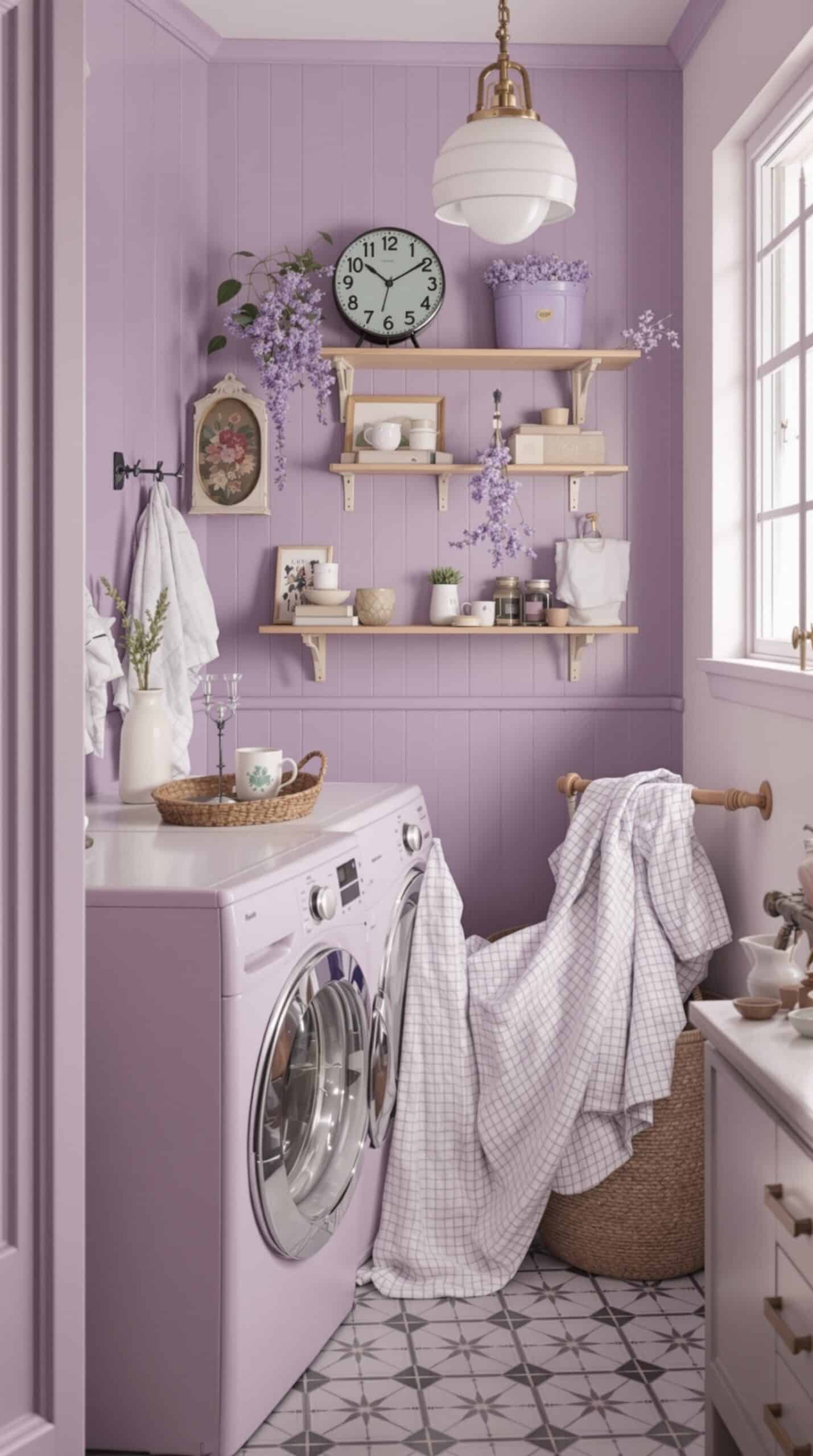 A stylish lavender laundry room featuring a lavender washing machine, light fixtures, and decorative elements.