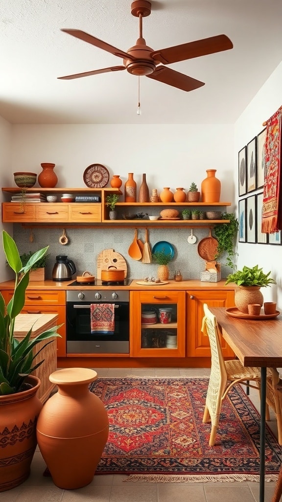 A cozy kitchen featuring terracotta pots, a patterned rug, and wooden elements.