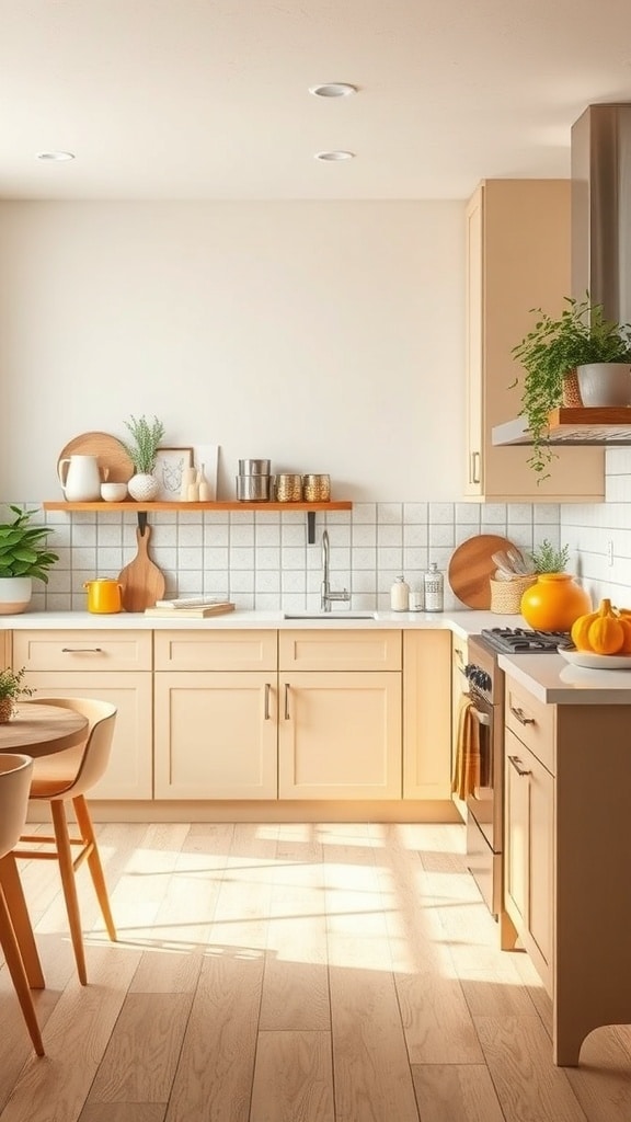 A cozy kitchen featuring soft beige tones with bright orange accents and natural wood elements.