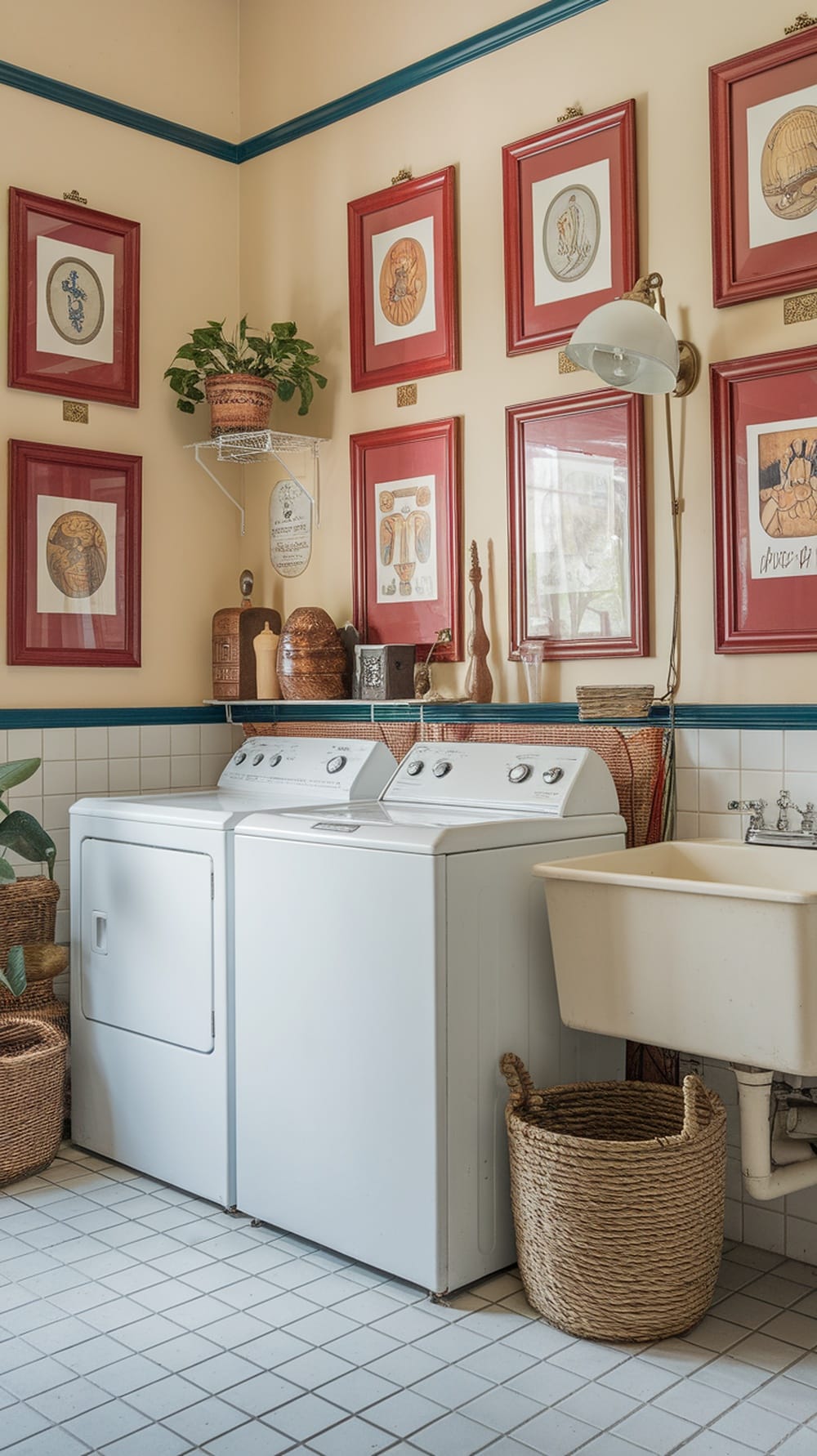 Laundry room with red framed artwork on the walls, featuring a washing machine and decorative elements.