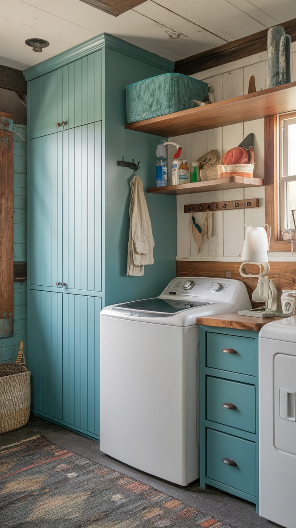 A rustic laundry room featuring teal cabinetry, wooden shelves, and a cozy atmosphere.