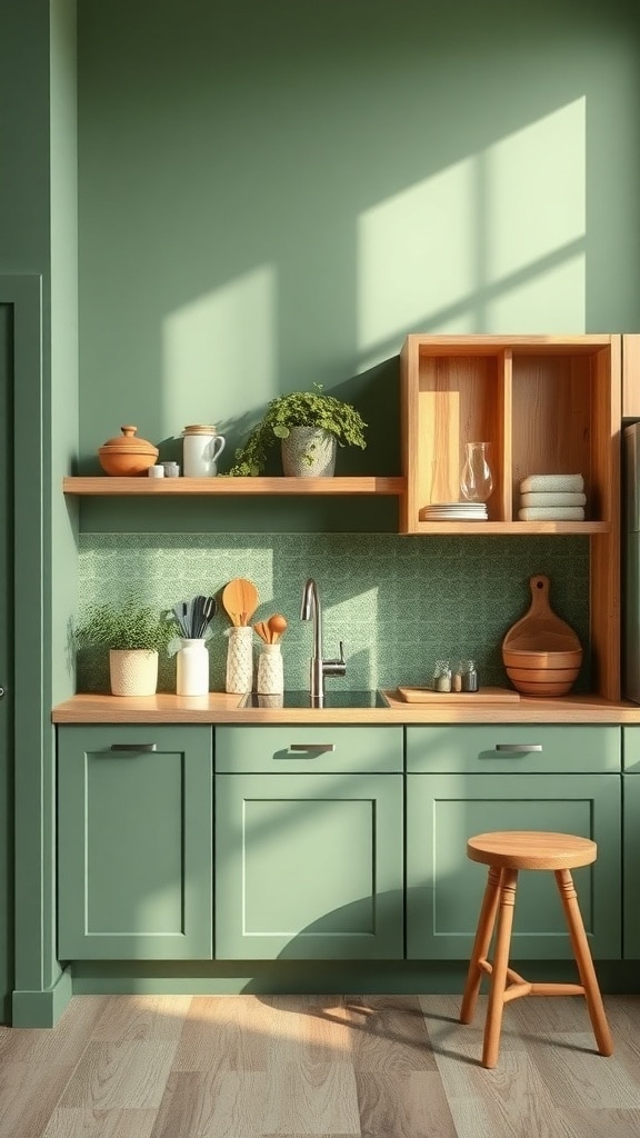 A green kitchen with wooden accents, showcasing a cozy and inviting atmosphere.