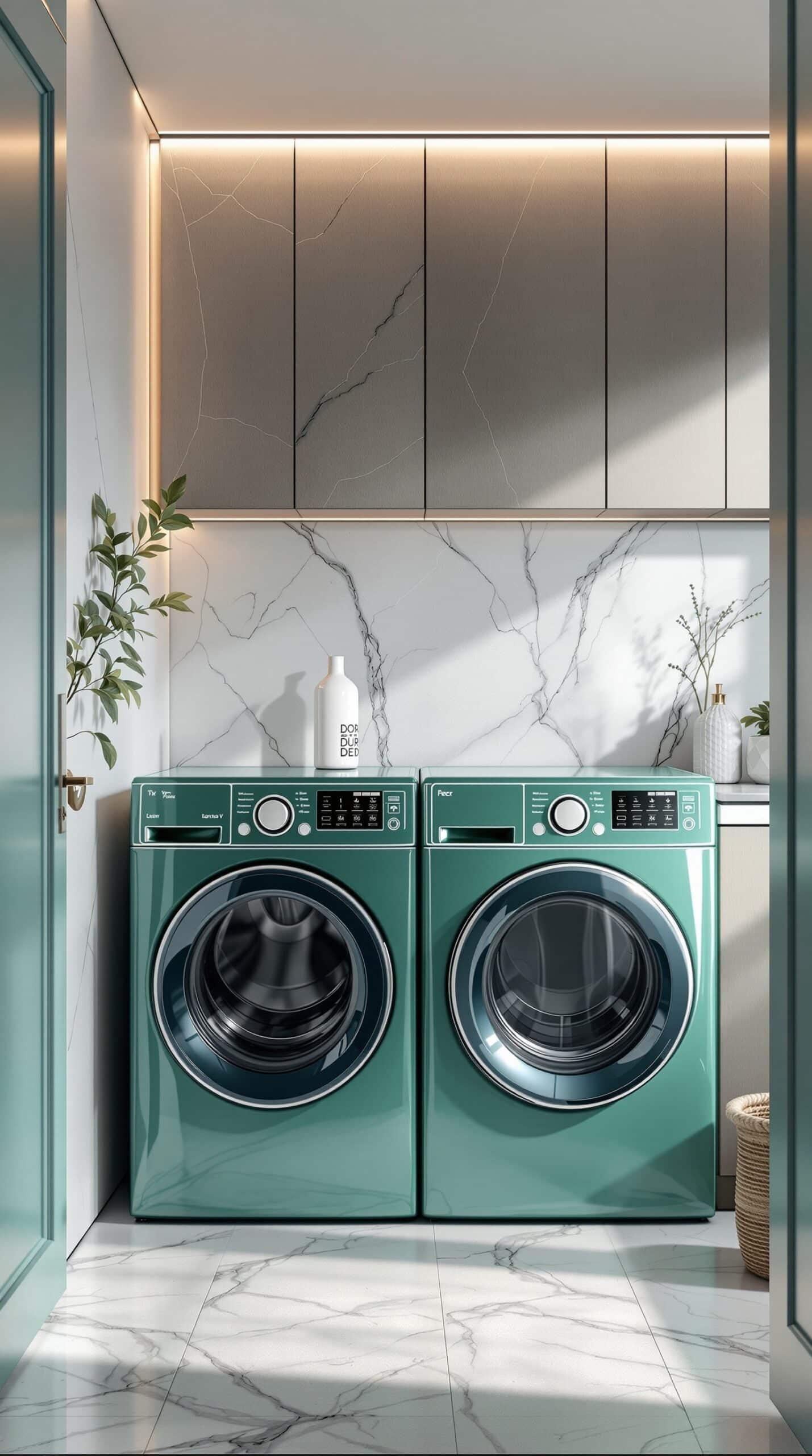 A stylish emerald green washer and dryer pair in a modern laundry room with marble flooring and elegant cabinetry.