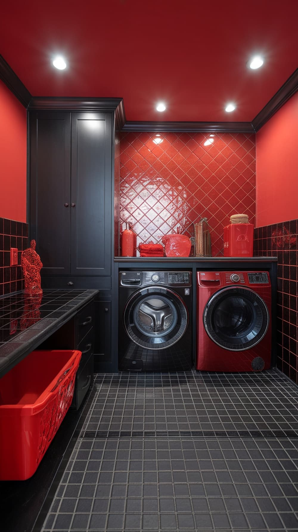 A modern laundry room featuring a red and black color scheme with red walls, black cabinets, and appliances.