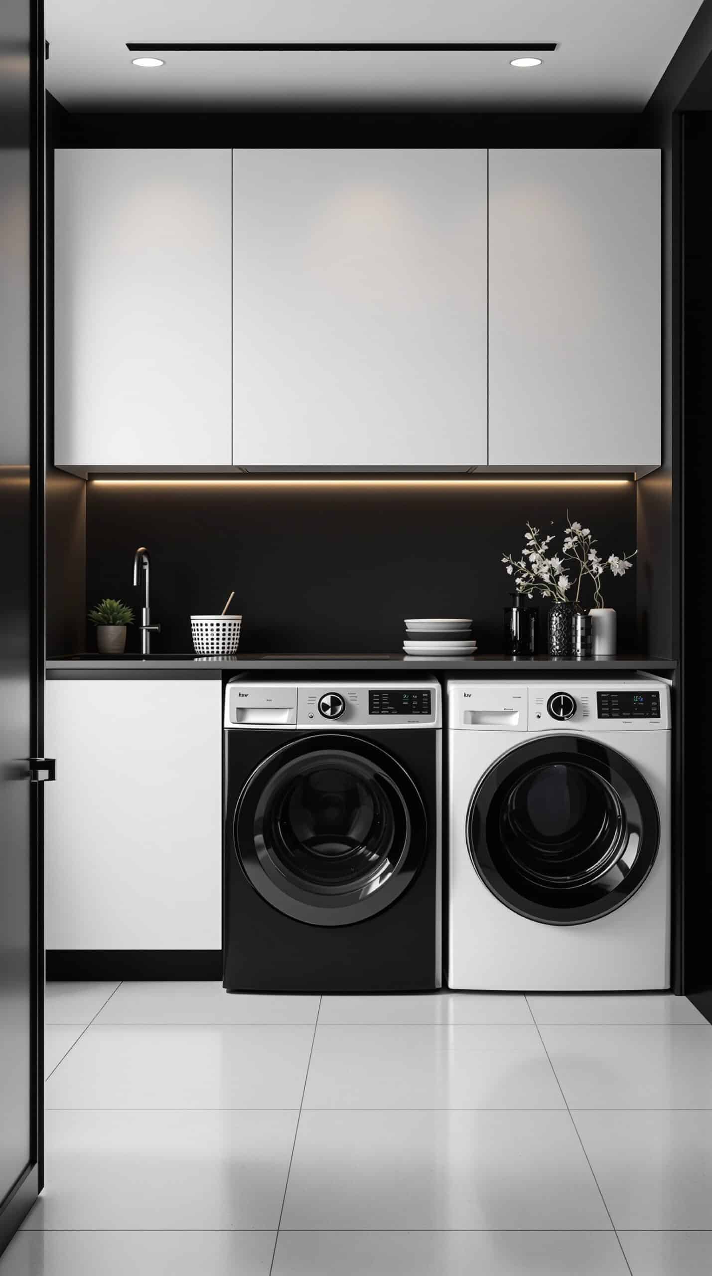 A minimalist laundry room featuring black and white appliances integrated into sleek cabinetry.