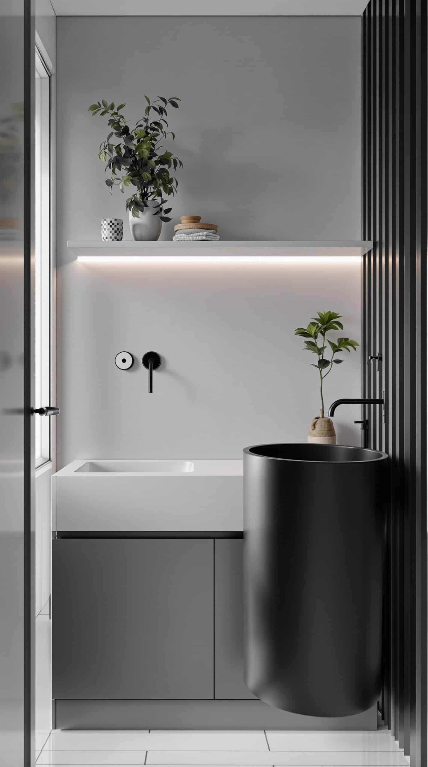 Modern laundry room featuring a sleek washbasin with clean lines and minimalist decor.
