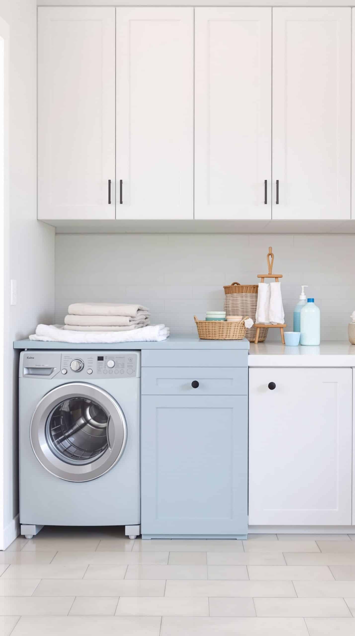 A light blue laundry folding station with a washing machine, neatly stacked towels, and decorative baskets.