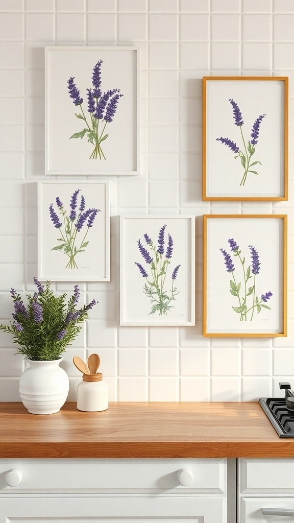 Lavender wall art displayed in a kitchen with white tiles and wooden countertop