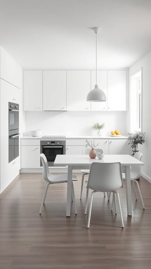 Minimalist white kitchen with a dining area featuring a white table and chairs.