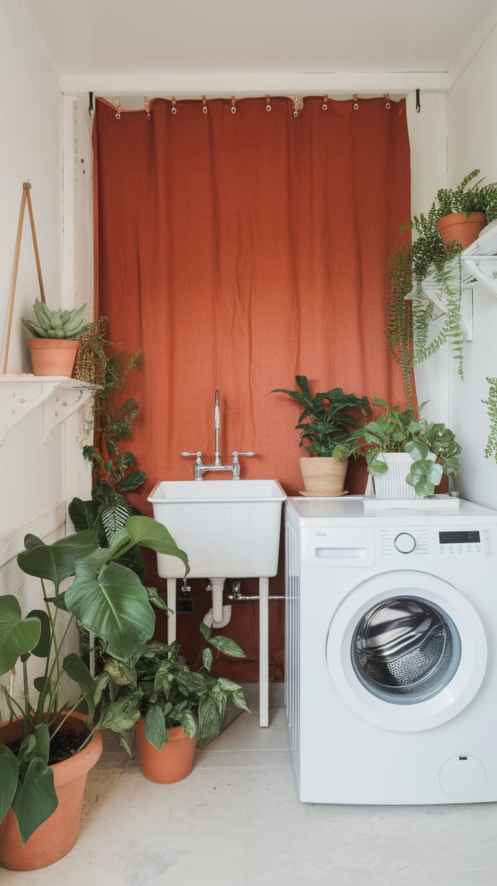 A laundry room featuring a white washing machine, a sink, and various plants in terracotta pots, with a rust orange curtain in the background.