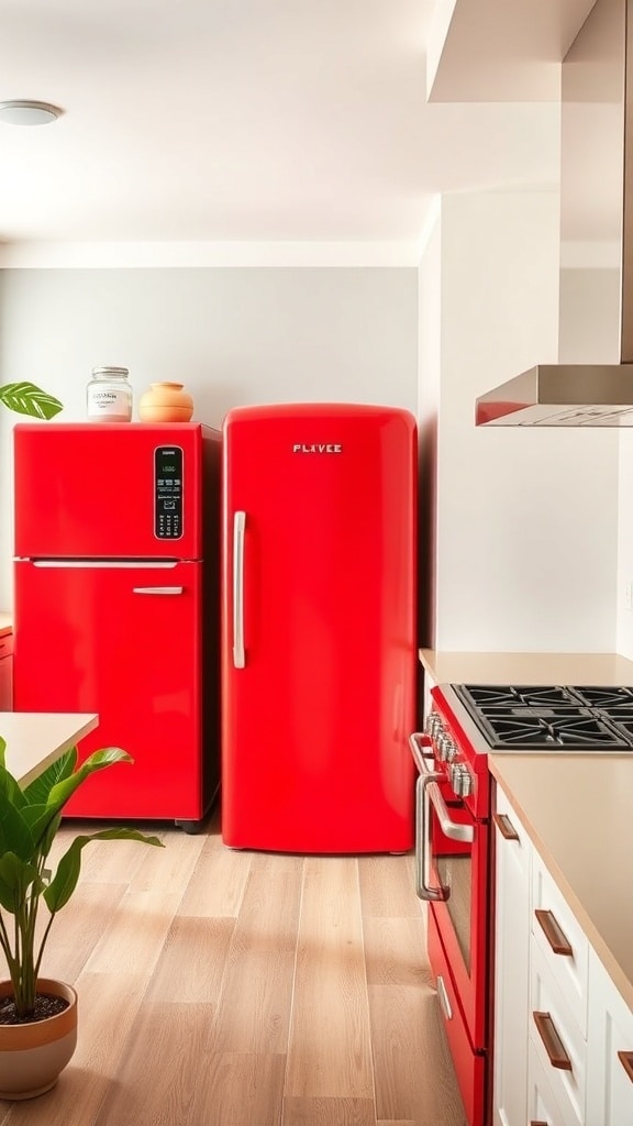 A modern kitchen featuring bold red appliances including a refrigerator and stove.