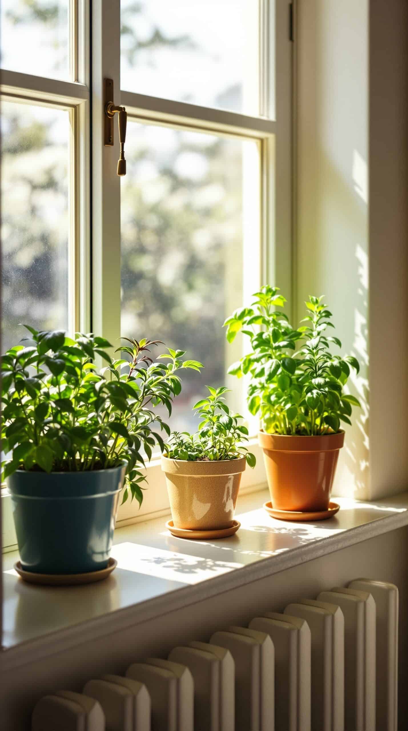 A sunny window sill with pots of green herbs in a laundry room.