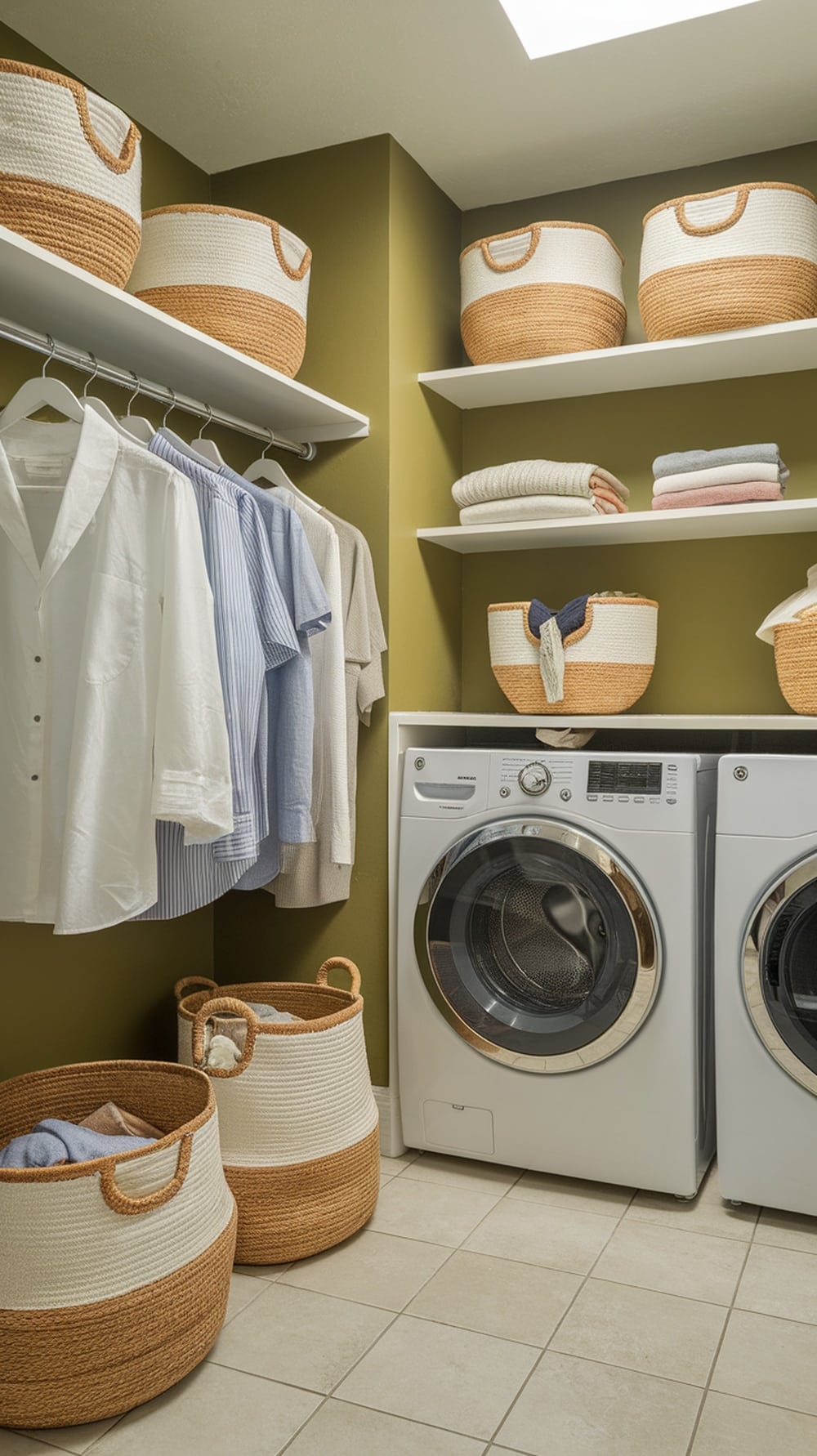 Stylish laundry room with woven baskets on shelves and floor, featuring olive green walls.