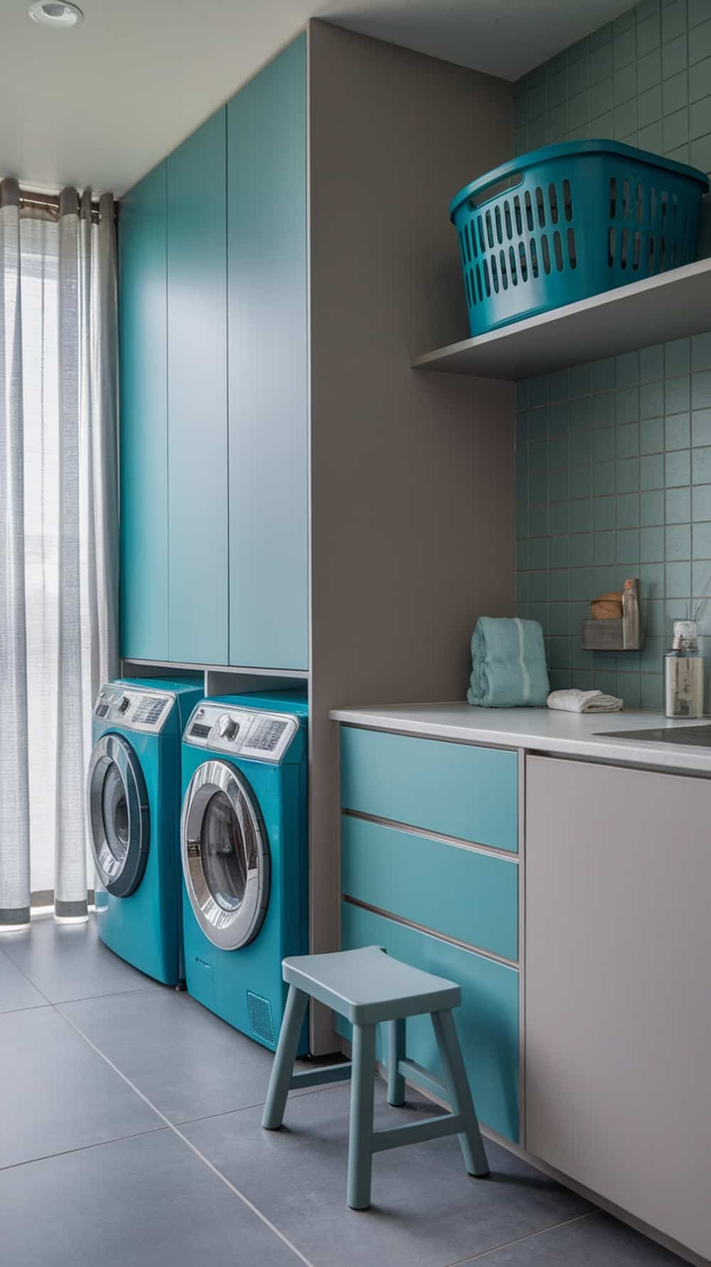 A modern laundry room featuring teal cabinets and appliances with gray walls and flooring.