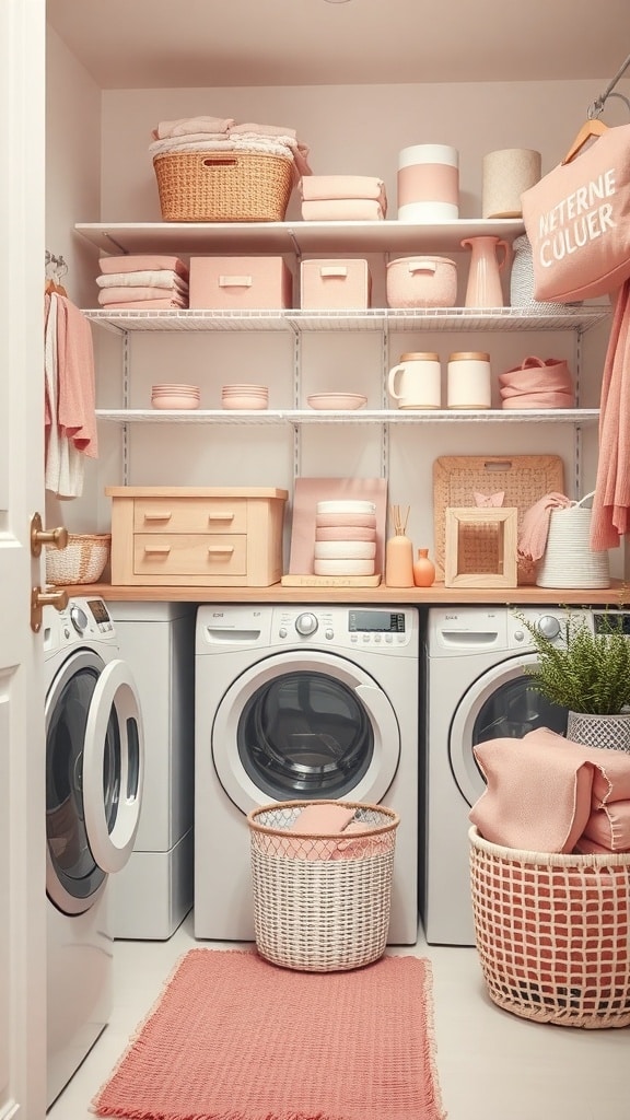 A beautifully organized laundry room featuring blush pink accessories, including baskets, towels, and a rug.