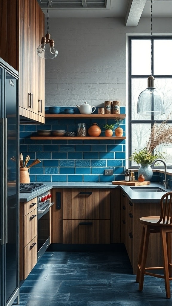 A modern kitchen featuring peacock blue tiles, wooden cabinets, and stylish lighting.