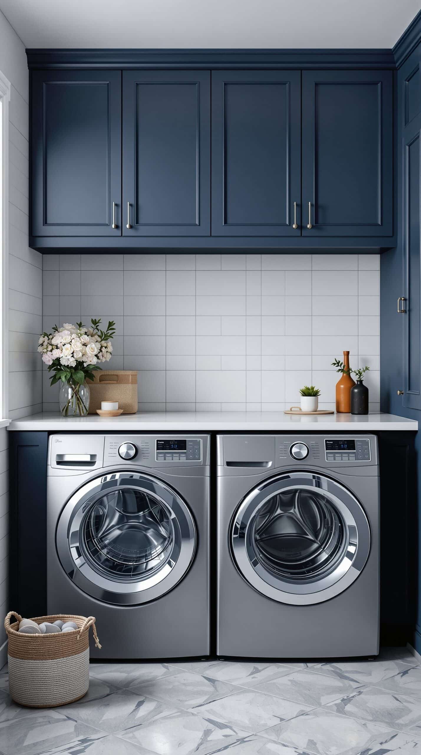 A stylish laundry room featuring indigo cabinets, gray tiles, and modern appliances.
