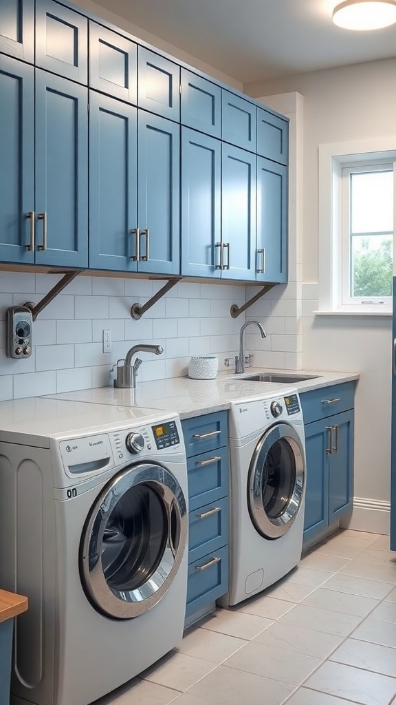 A functional laundry room featuring blue cabinetry, modern appliances, and a bright layout.
