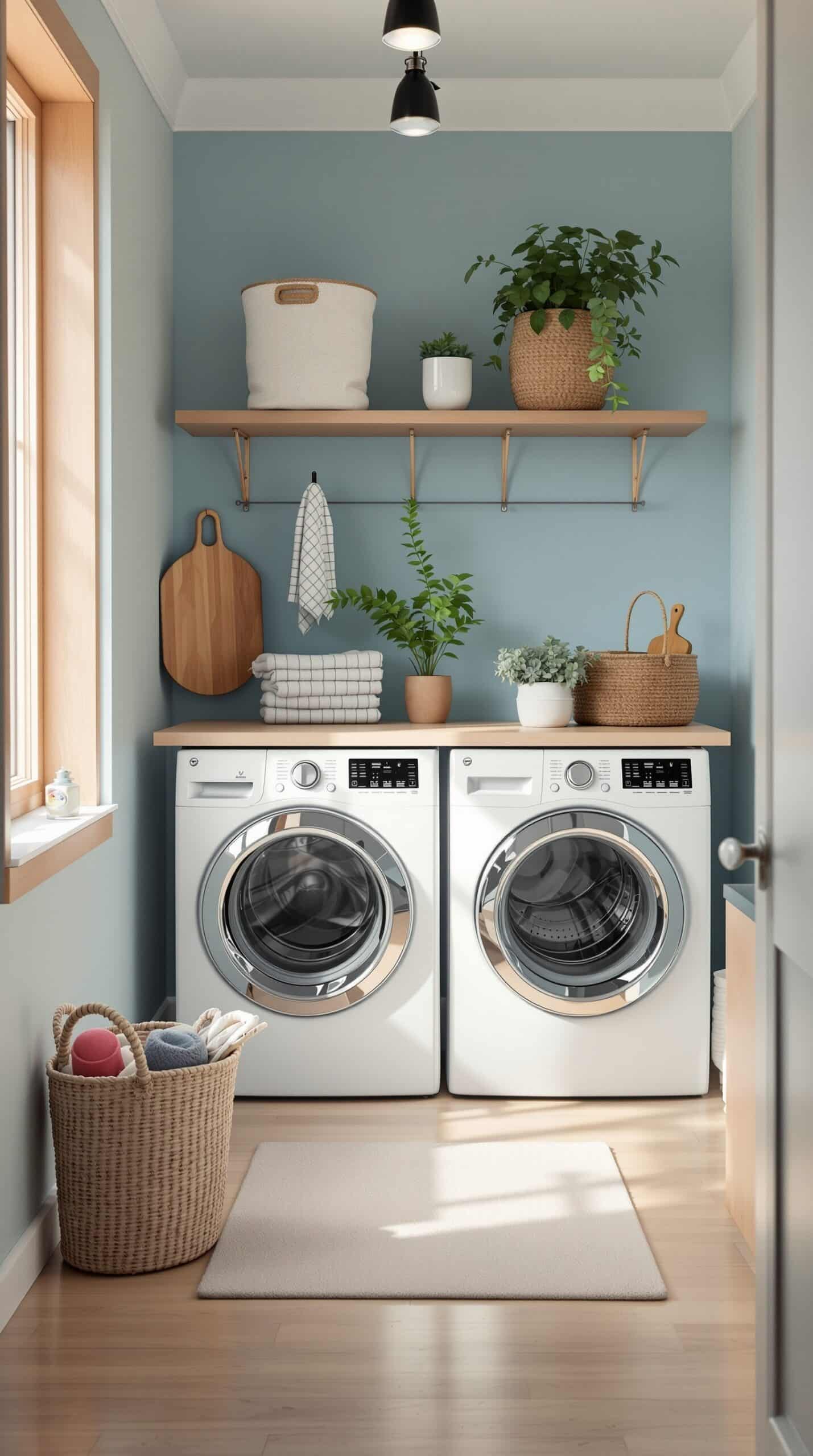Bright light blue laundry room featuring natural elements like plants and wooden shelves.
