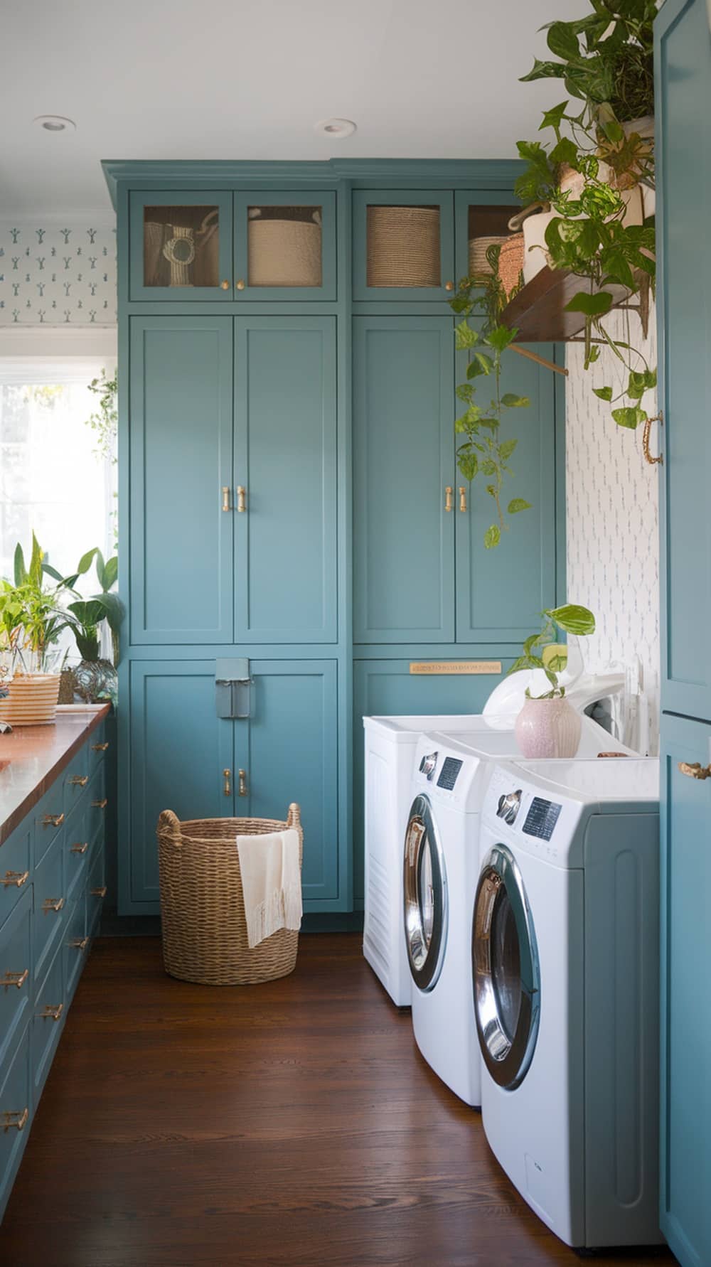 A stylish laundry room featuring teal cabinets with brass accents, wooden flooring, and plants.