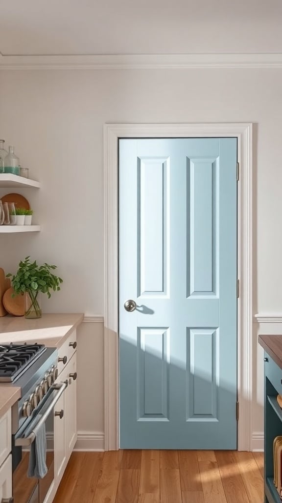 A light blue pantry door in a kitchen with wooden flooring and white cabinets
