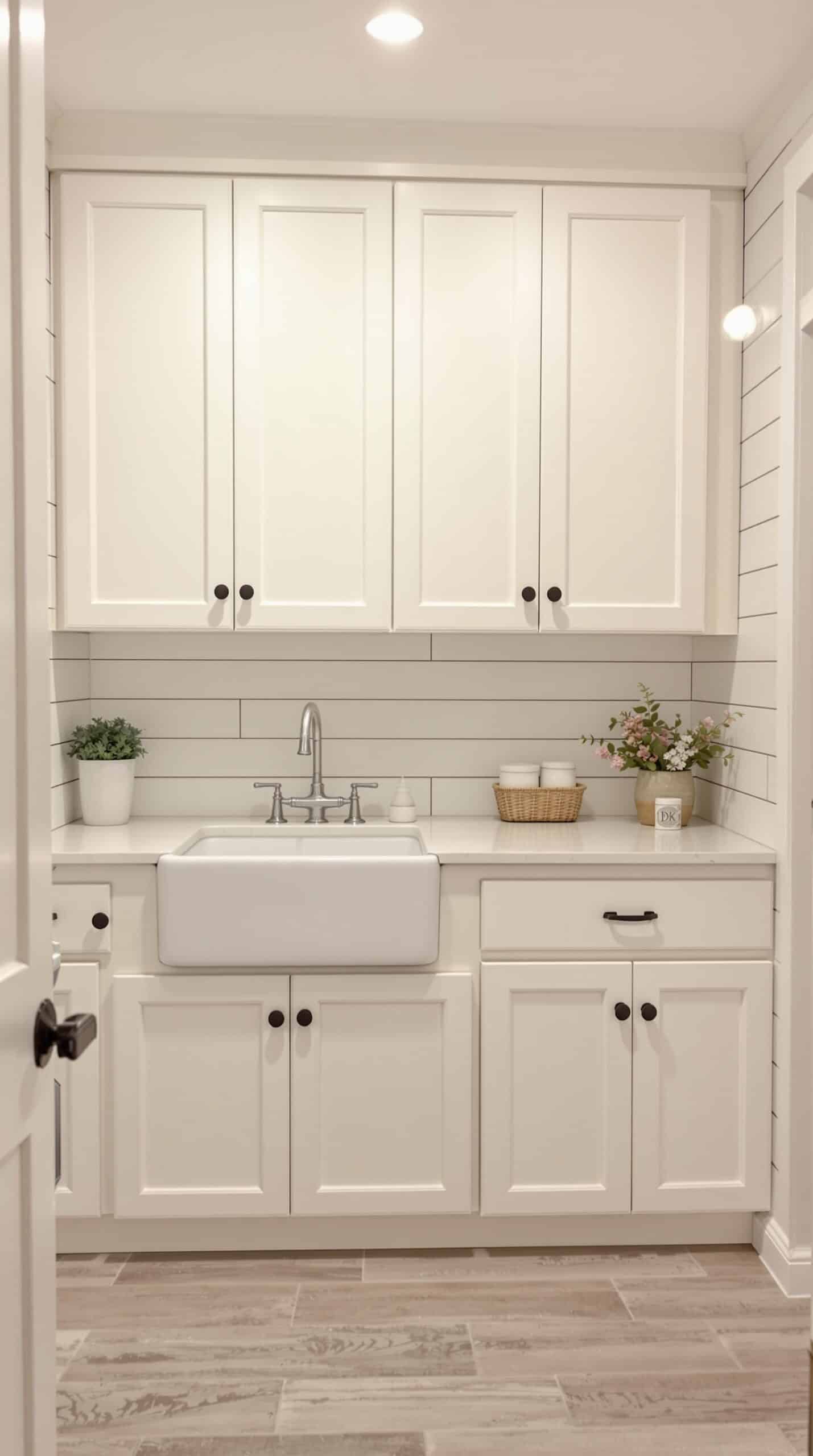 Modern farmhouse laundry room with a large sink, white cabinetry, and shiplap walls.