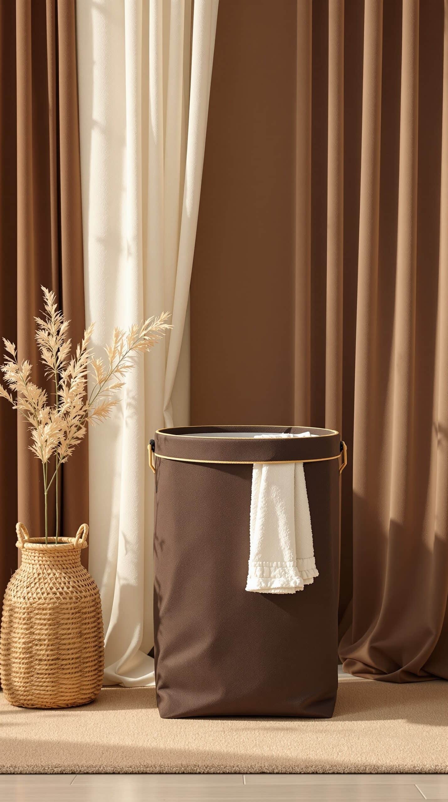 A chocolate and cream laundry hamper with a white towel hanging on it, next to a woven basket and curtains.